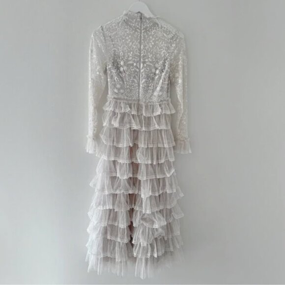 Mac Duggal 8003 Size 8 Embroidered Long Sleeve Ruffled Tiered Pearl White Dress - Picture 9 of 11